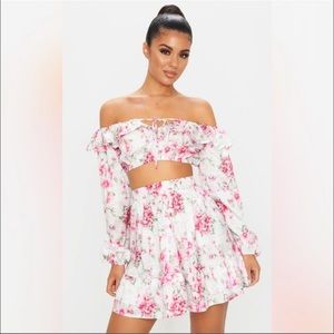NWT Pink Floral Satin Puff Sleeve Bardot Crop Top